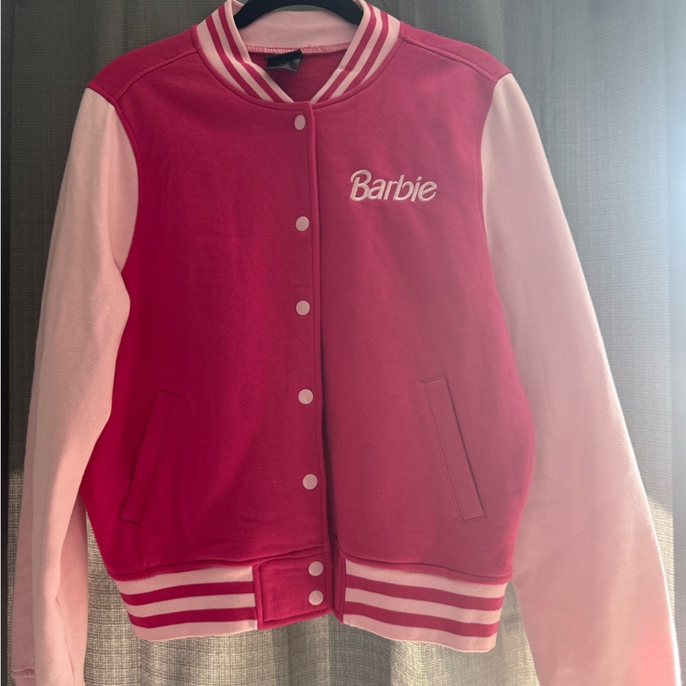 Barbie Pink Varsity Jacket with Ribbed Collar and Cuffs